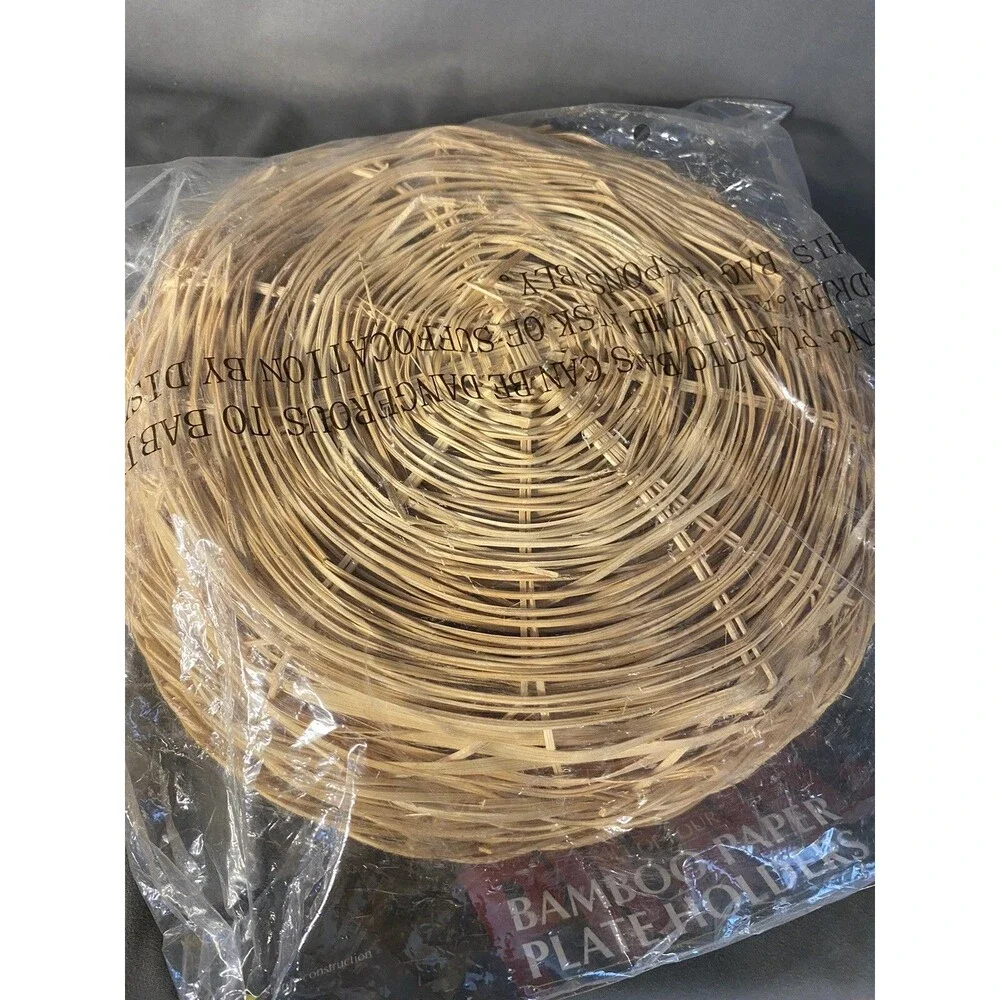 Vintage Lot of Wicker Bamboo Basket Platter & 8 Wall Plates Boho Farmhouse Lot